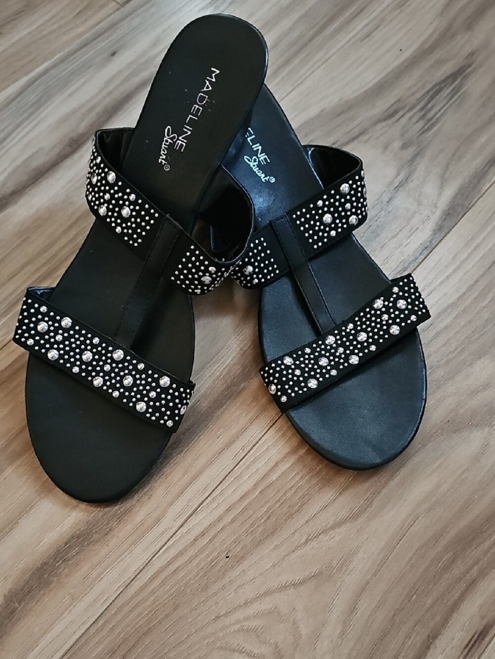 Madeline Stuart Black Rhinestone Dual-Strap Slide Sandals- New
